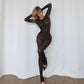 See Through Seamless Striped Jacquard One Piece Long Sleeve Jumpsuit Sexy All Black Outfits for Woman Baddie