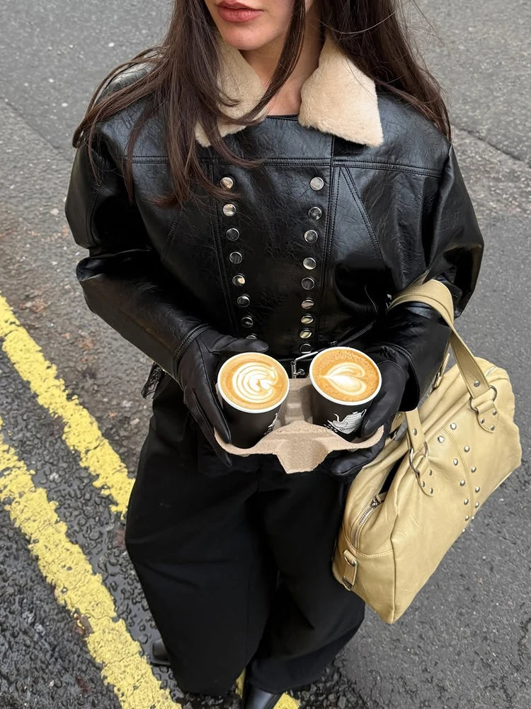 PU Leather Jacket Woman Furry Patchwork Lapel Double-Breasted Metal Buckle Belt Full Sleeve High Street Style Coats