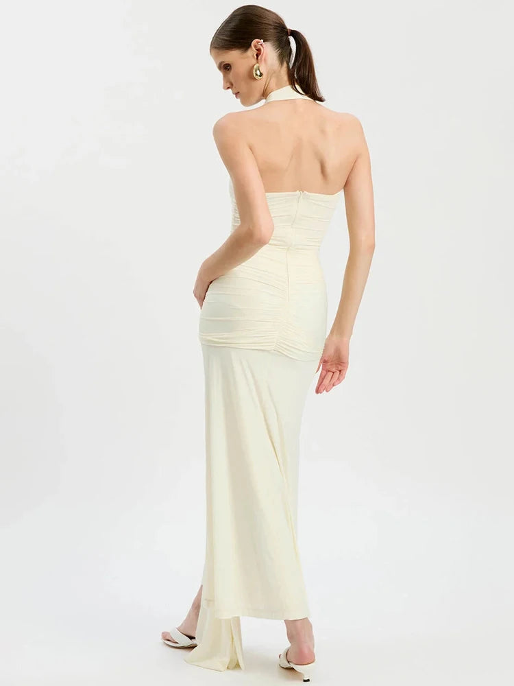 Halter Backless Sexy Maxi Dress Women Elegant Square Collar Sleeveless Ruched Waist Draped Bodycon Club Party Dress