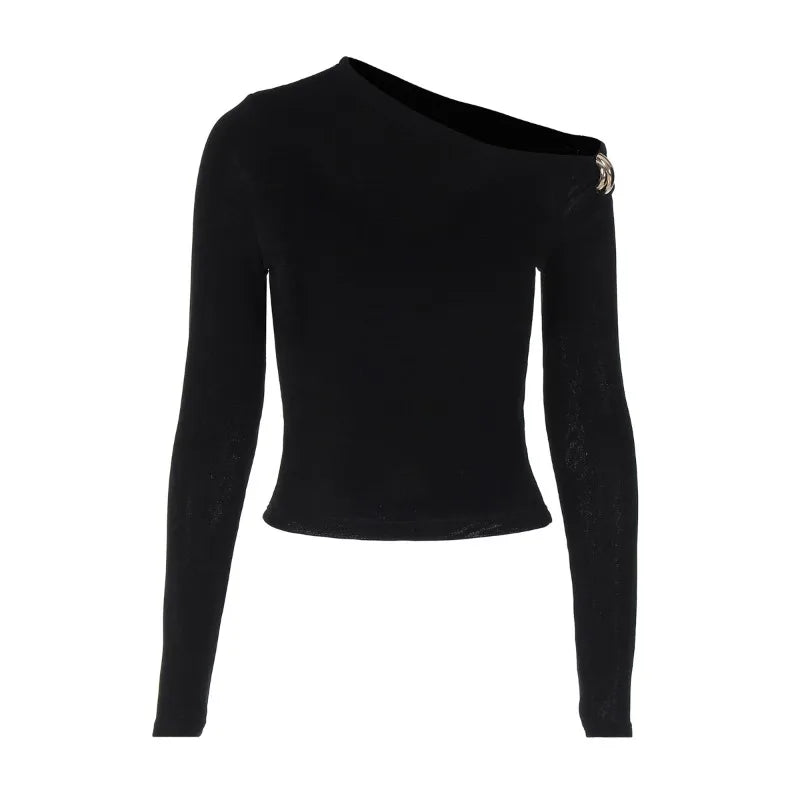 Hardwear Detail One Shoulder Long Sleeve Top Solid Color Sexy Tight Fitted T Shirts Woman Fall 2025 Fashion