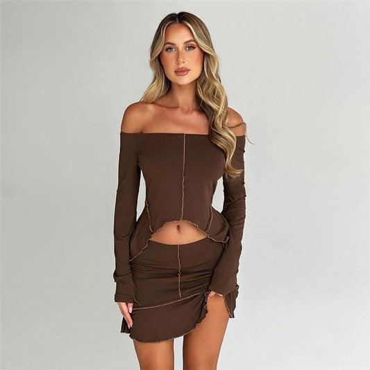 2 Piece Sets Contrast Stitch Off Shoulder Long Sleeve Top Mini Skirt 2000s Clothes Y2k Fall Outfits