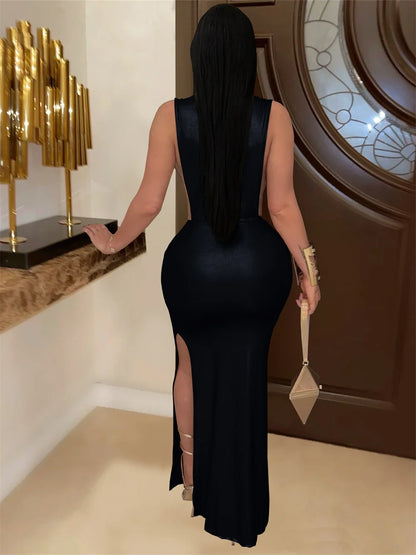 Silky Sexy Dress Women Sleeveless Waistless Metal Button Ribbon Ruched Side Split Party Midnight Club Wedding Bodycon