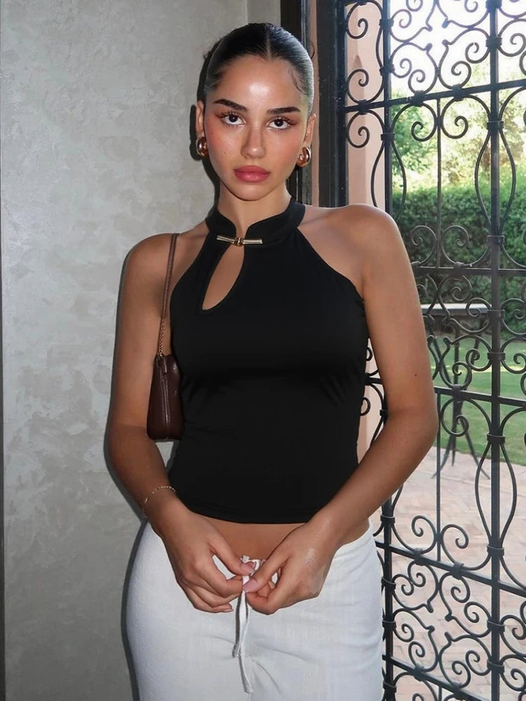 Metal Buckle Tank Tops Women Summer Trend Y2K Daily Basic Classic Hollow Streetwaer Stretch Chic Solid Simple Vest