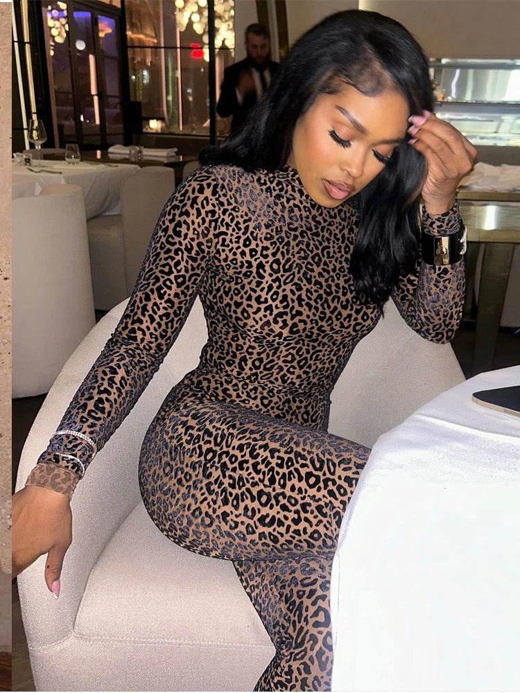 Sexy Leopard Mesh Jumpsuit Women Sexy Hipster Zip Stretch Midnight Workout Clubwear Autumn Fitness Street Overalls