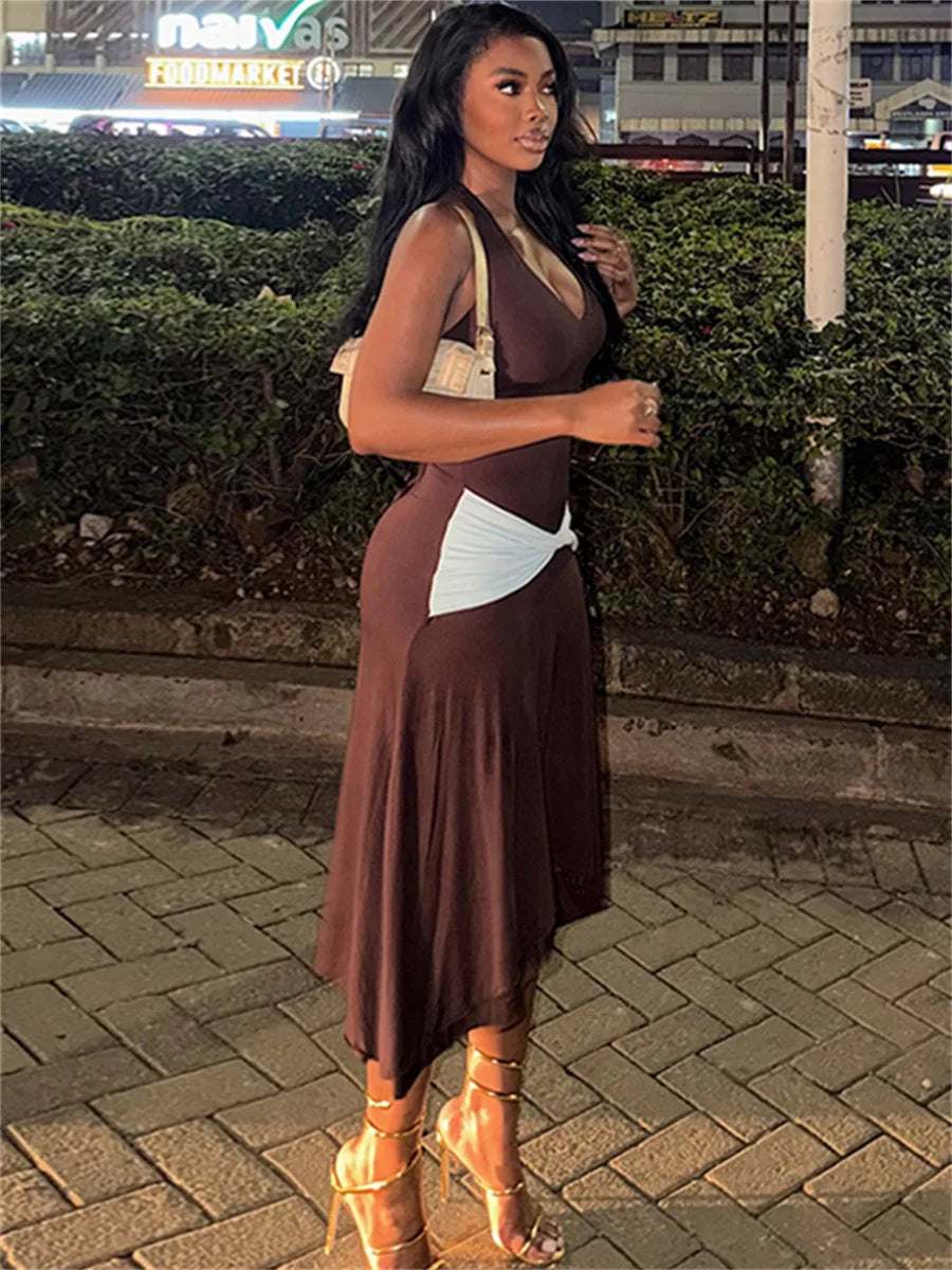 Elegant Backless Dress Women Fashion Ruched Color Blocking Halter Low-Neck Sleeveless Trend Chic Party Club Bodycon