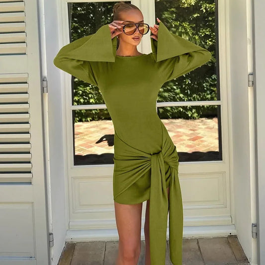 Lace Up Long Sleeve Short Dresses for Woman Fall 2025 Beautiful Ladies Dress Green Black