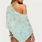Y2K Sequin Floral One Shoulder Asymmetric Sheer Poncho Top for Women Flowy Batwing Sleeve Semi Sheer Cover Up Shawl Wrap