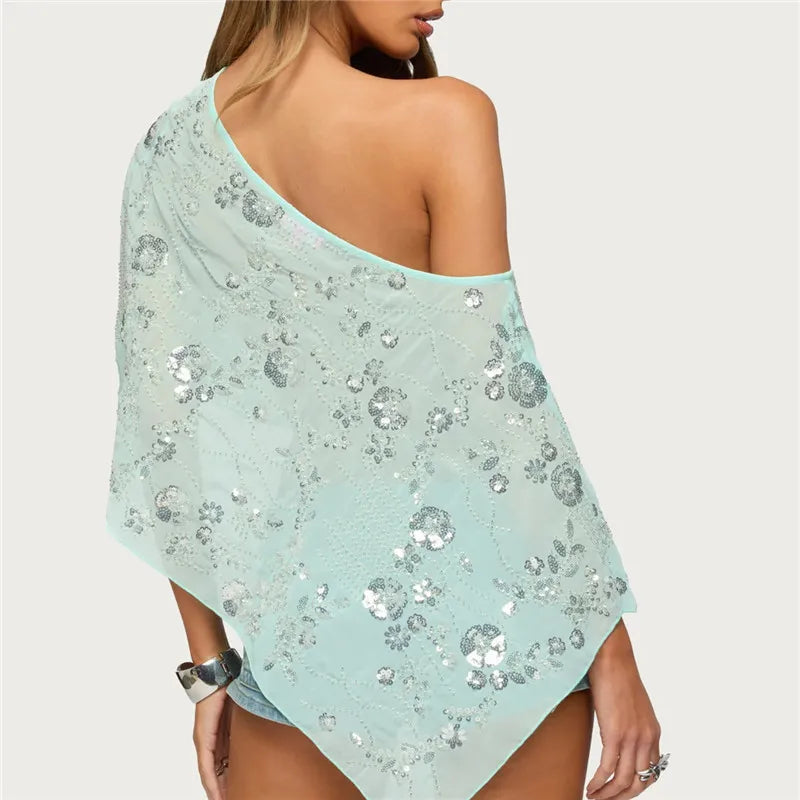 Y2K Sequin Floral One Shoulder Asymmetric Sheer Poncho Top for Women Flowy Batwing Sleeve Semi Sheer Cover Up Shawl Wrap