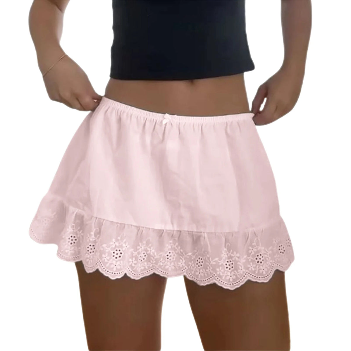Women Y2k Lace Trim Mini Skirt Floral Eyelet Embroidery Half Slip Underskirts Cute Low Rise Summer Skater Skirt