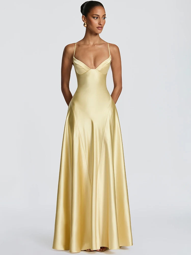 Satin Spaghetti Strap Sexy Maxi Dress Women Elegant Deep V Neck Sleeveless Backless Pleated Evening Club Party Dresses