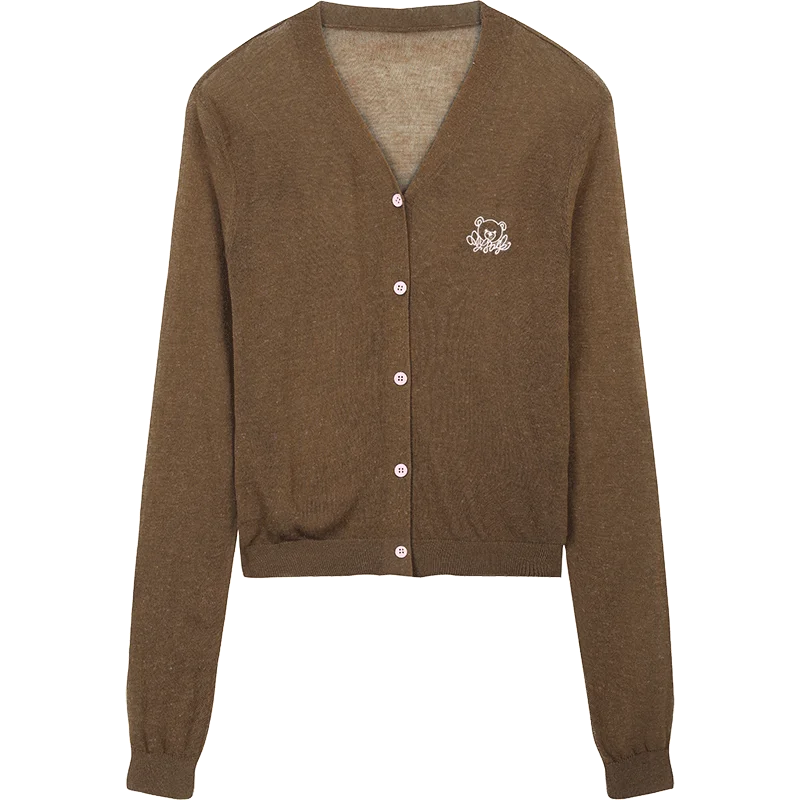 Women's V Neck Crop Knit Cardigan with Cartoon Embroidery, Casual Long Sleeve Knit Top, Sweet Preppy Style Outerwear