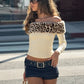 Leopard Print Splicing Off Shoulder Long Sleeve Crop Tops for Woman Sexy T Shirts Spring 2026