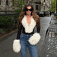 Faux-fur Collar Deep V Neck Long Sleeve Bodysuits & One Pieces Bodycon Top Women' S Clothing Winter 2026