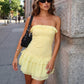 Women Strapless Lace Corset Bodycon Mini Dress Ruffle Trim Layered Irregular Chiffon Hem Back Zipper Party Club Dress