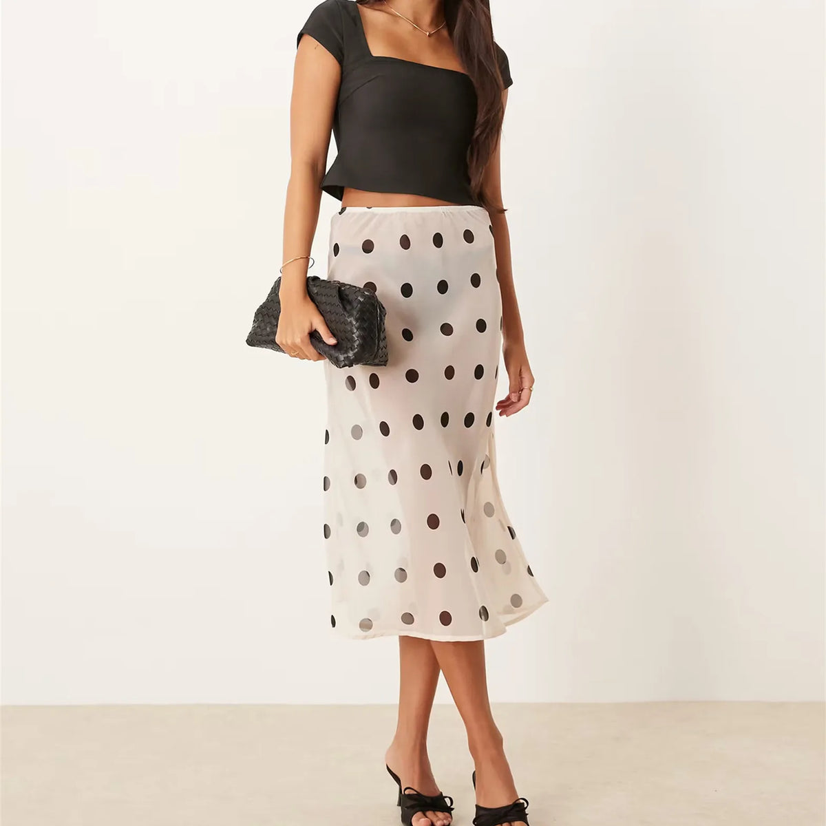 Women Polka Dot Sheer Midi Skirt Sexy See Through Low Rise Long Skirt Flowy Mesh Cover Up Maxi Skirts Beachwear