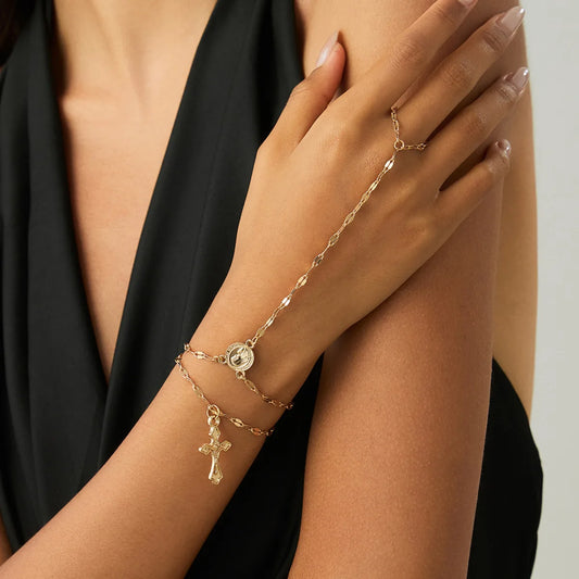 2Pcs/Set Goth Cross Jesus Pendant Finger Ring Bracelets for Women on Hand Simple Connect Chain Bangles Couple Jewelry