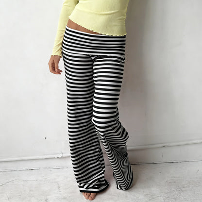 Y2K Fold Over Wide Leg Pants Preppy Women Striped Patchwork Low Waist Trousers Female Casual Lounge Yoga Sweatpants