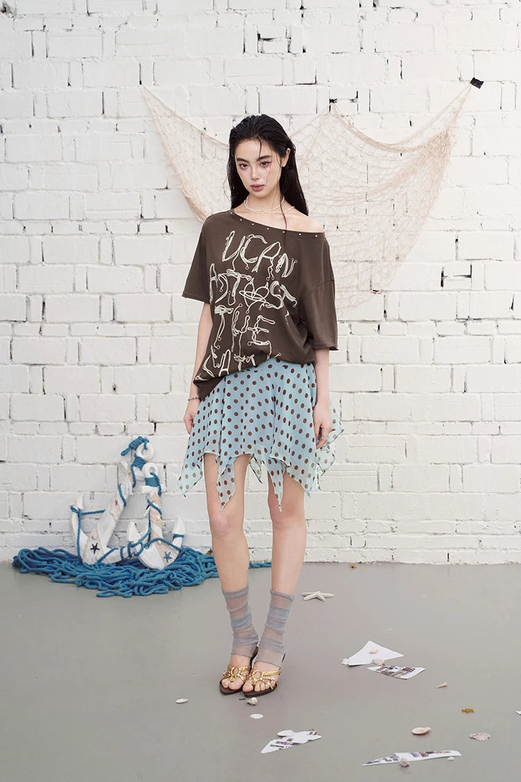 Polka Dot Irregular Hem Skirt, High-Waisted Flowy A-Line Mini Skirt