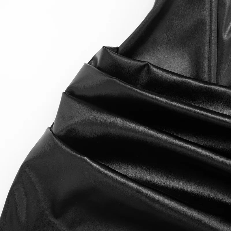 PU Leather Strapless Bodycon Dress Low Cut Fishbone Corset Pleated Mini Dresses Sexy Outfits Women Club Wear