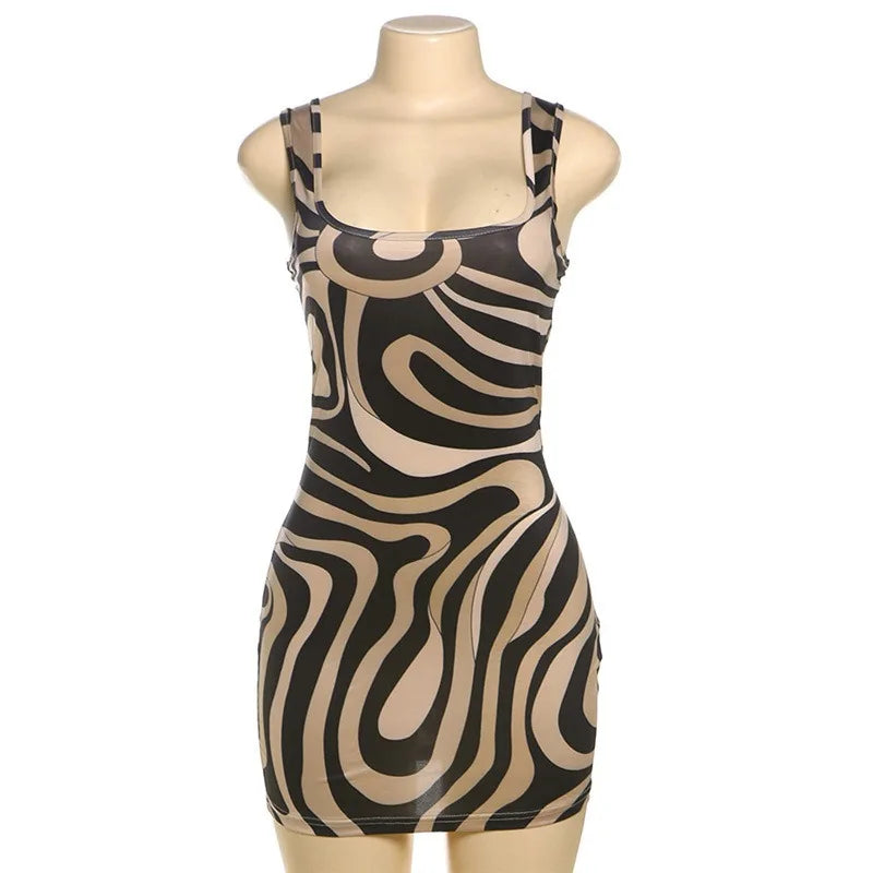 Square Neck Sleeveless Backless Mini Dresses Fashion Print Bodycon Dress Sexy Summer Outfit Woman Clubwear
