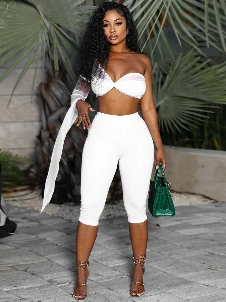 Sexy Fashion 2 Piece Set Women Mesh Patchwork Single Sleeve Strapless Top+Skinny Shorts Hottie Street Hipster Outfits