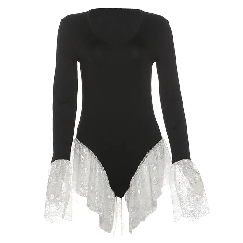 Sexy Rompers Playsuits Woman Clothes Lace Trim Long Sleeve Short Jumpsuit Sexy Black One Pieces Outfits