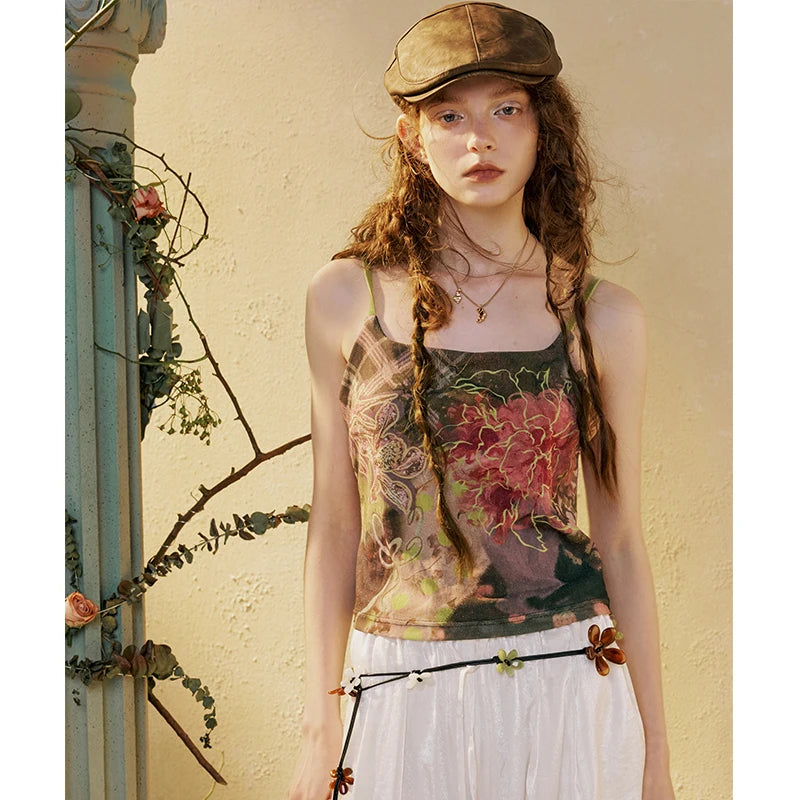 Women's Y2K Cami Top with Fairy Floral Print, Vintage Grunge Spaghetti Strap Camisole, Retro Aesthetic Sleeveless Top