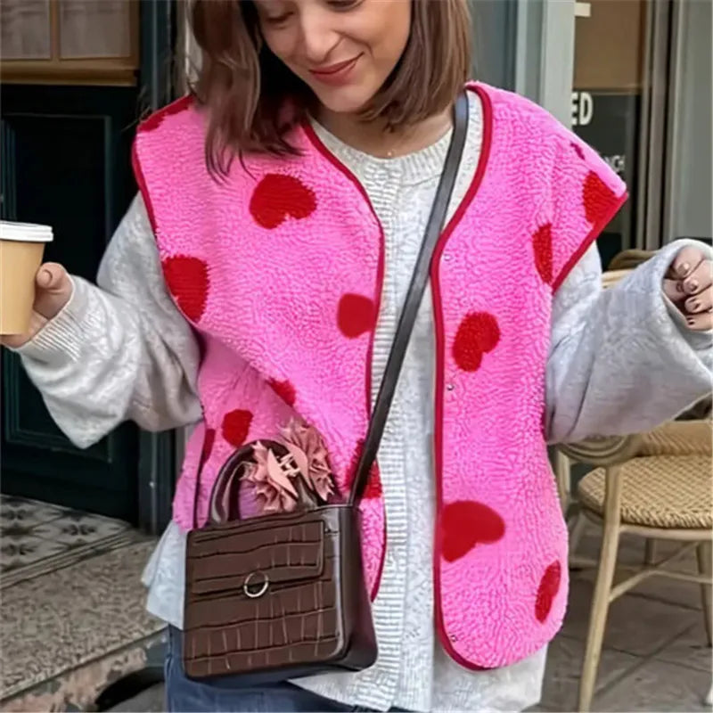 Women Winter Vest Sleeveless Jacket Button Closure Heart Print Warm Furry Vest Outwear for Valentine's Day