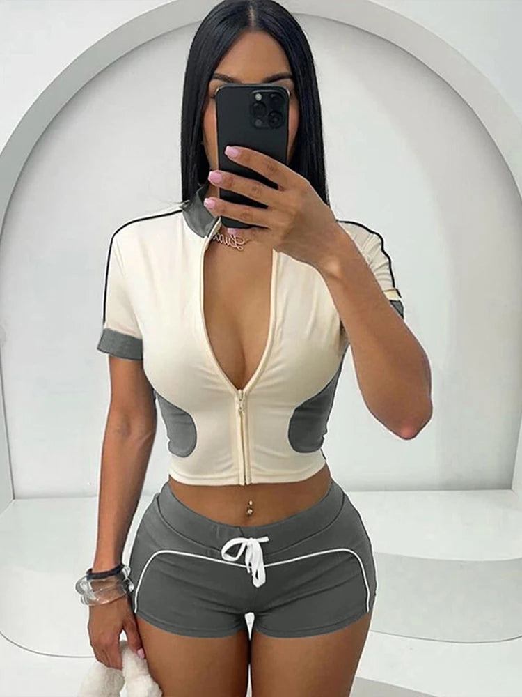 Summer 2Piece Set Tracksuit Women Zip Patchwork Shorts Sleeve Crop Tops+Shorts Matching Sporty Skinny Stretch Outfits