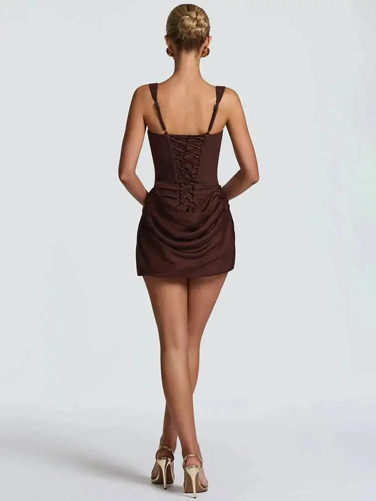 Backless Ruched Sexy Mini Dress Women Elegant Tapered Straps Square Collar Sleeveless High Waist Club Party Dress