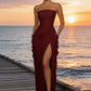 Chiffon Off-shoulder Strapless Sexy Maxi Dress Women Elegant Sleeveless Backless High Split Ruched Club Party Dress