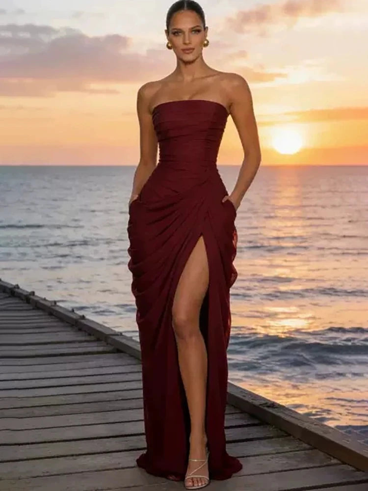 Chiffon Off-shoulder Strapless Sexy Maxi Dress Women Elegant Sleeveless Backless High Split Ruched Club Party Dress