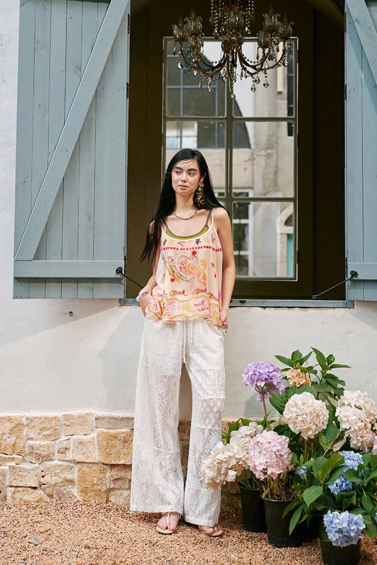 Y2K Graphic Print Chiffon Cami Top with Knit Liner, Tie Strap Sheer Layered Blouse, Irregular Hem Flowy Summer Top