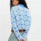 Oversized Cropped Knit Sweater Women Roll Neck Floral Jacquard Pattern Contrast Trim Long Sleeve Loose Pullover Knit Top
