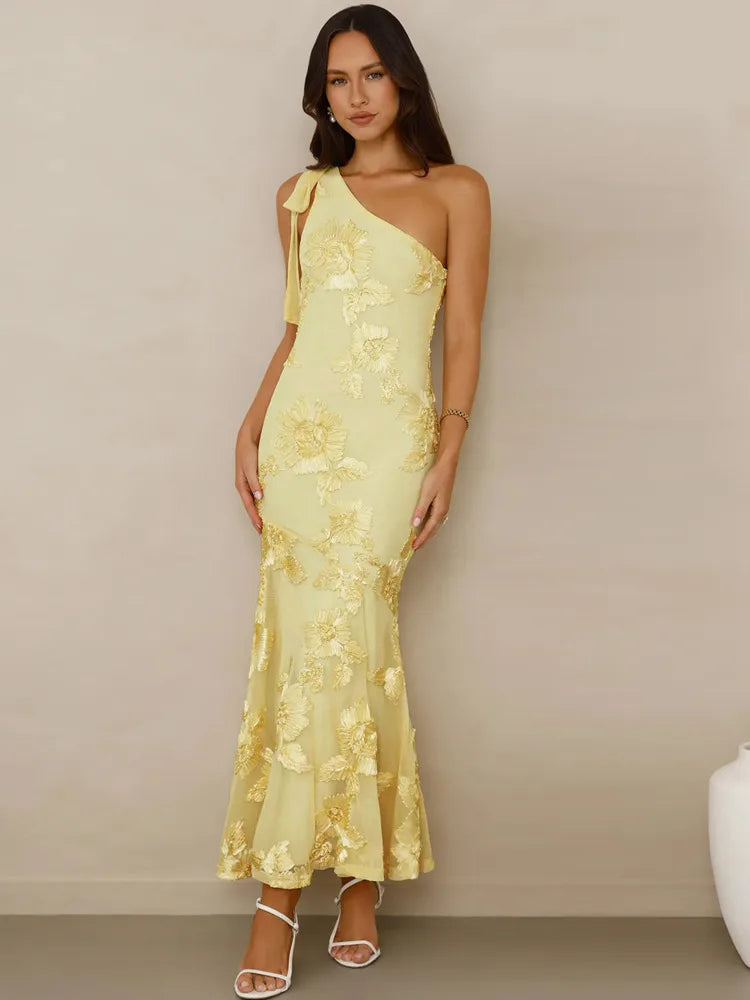 3D Floral Applique Sexy Maxi Dress Women Elegant One Shoulder Backless Sleeveless Bodycon Club Party Evening Long Dress