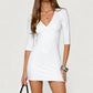 Women V Neck 3/4 Sleeve Bodycon Mini Dress Solid Color Slim Fit Pencil Short Dress Elegant Party Night Club Streetwear