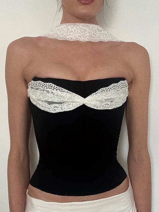 Halter Y2K Tank Top Women Patchwork Mesh Summer Trend Strapless Hollow Lace-Up Wild Beach Vacation Clubwear Camisole
