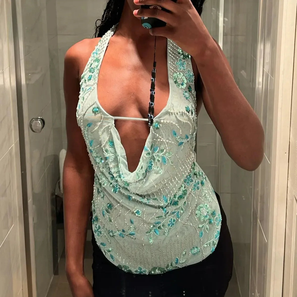 Sexy Glitter Sequin Tank Tops Women Y2K Fashion Deep V-neck Hollow Out Cropped Tops Tee Summer New Backless Beach Tops