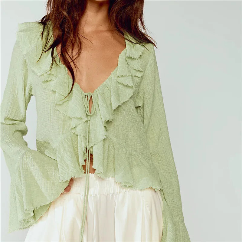 Y2K Retro Raw Fringe Ruffle Crop Blouse Women Crinkled Texture V Neck Tie Front Flare Long Sleeve Casual Street Shirts