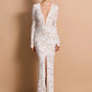 Lace Sheer Deep V Neck Sexy Maxi Mermaid Dress Women Elegant Long Sleeve Thigh High Split Bodycon Club Part Long Dress