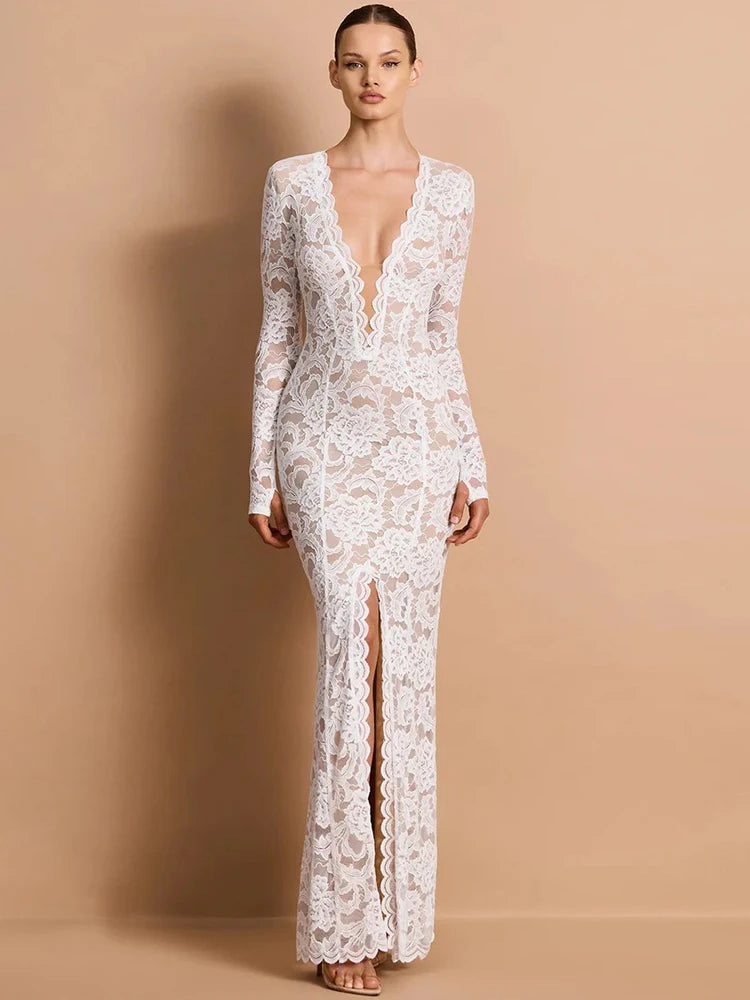 Lace Sheer Deep V Neck Sexy Maxi Mermaid Dress Women Elegant Long Sleeve Thigh High Split Bodycon Club Part Long Dress