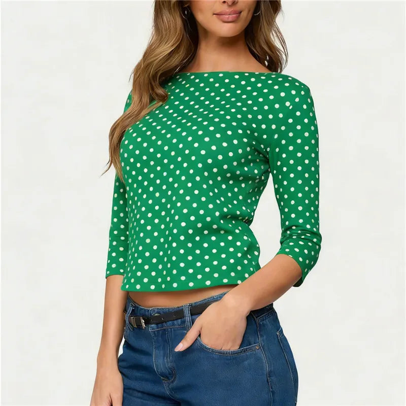 Women's Spring Summer T-Shirt Quarter Sleeve Round Neck Dots Print Slim Fit Tops Blouse Casual Daily Streetwear