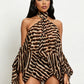 Tiger Print 2-Piece Set Women Halter Bandage Off-Shoulder See Through Lantern Sleeve Vest+Simple Short Sexy Suits
