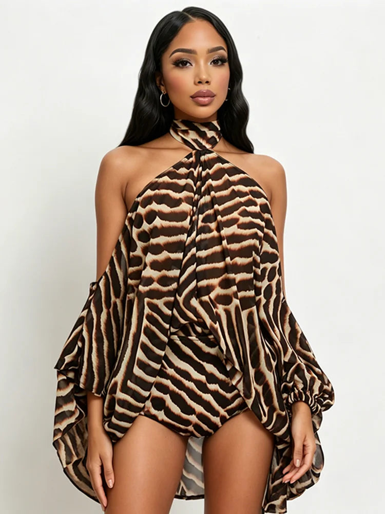 Tiger Print 2-Piece Set Women Halter Bandage Off-Shoulder See Through Lantern Sleeve Vest+Simple Short Sexy Suits