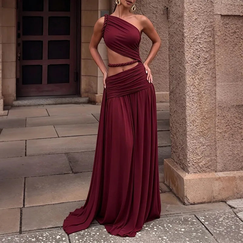Asymmetric Cut Out One Shoulder Maxi Dress Women Clothing Elegant Sexy Party Dresses Green Burgundy