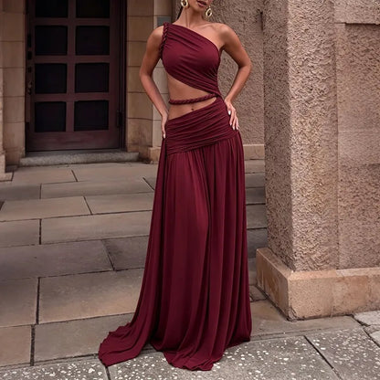 Asymmetric Cut Out One Shoulder Maxi Dress Women Clothing Elegant Sexy Party Dresses Green Burgundy