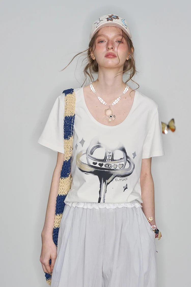 2025 Spring New Arrivals Y2K White Heart Printed Short Sleeve T-Shirt Women's Loose Casual Versatile Top