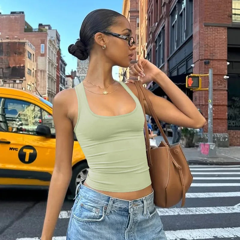 Square Neck Sleeveless Cropped Tops for Woman Summer Clothes Basic Casual Solid Color Tank Top Trending