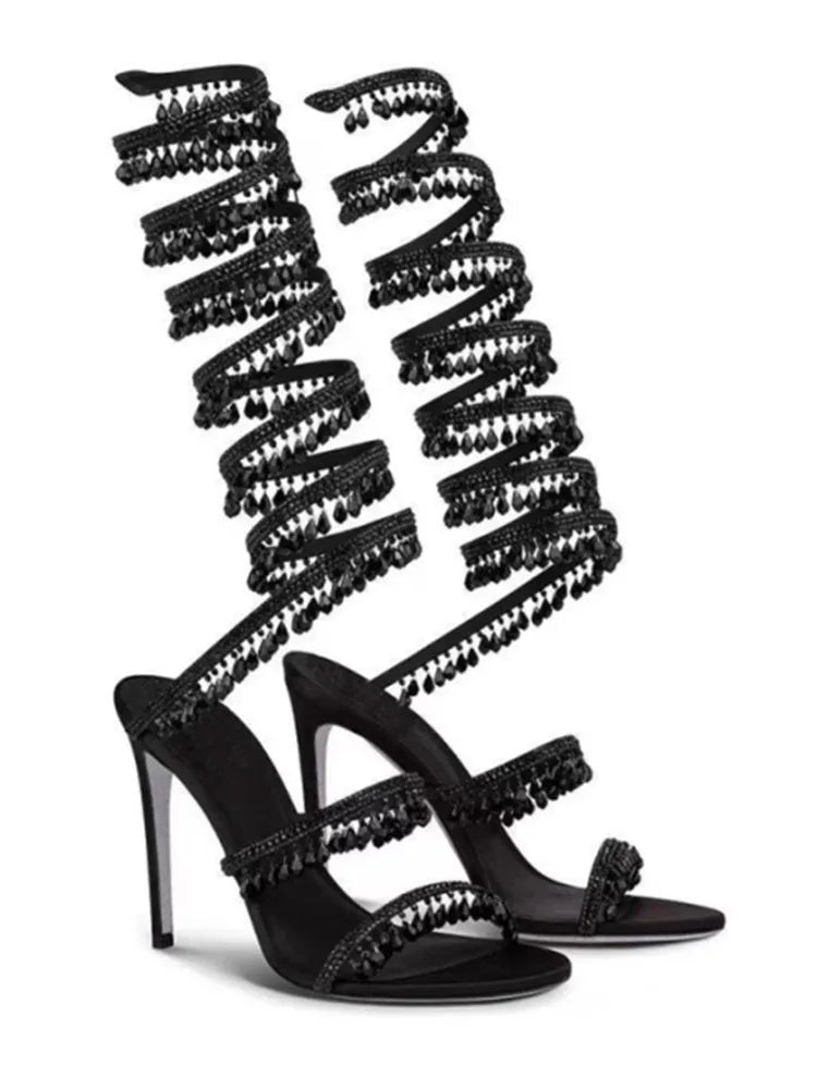 Women's New Water Diamond Sandals Fashion Tassel Crystal Shoes Sexy Banquet Party Twin Stiletto Women's Large Sandals