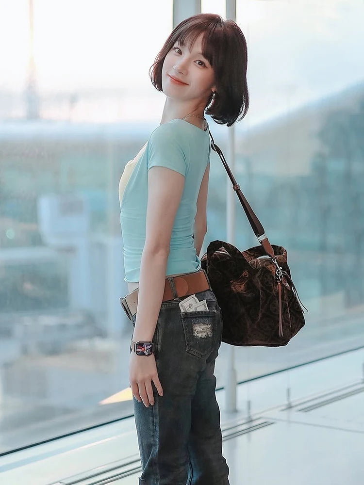 T-Shirt+Camisole 2Piece Set Women Trend Hottie Low-Neck Short Sleeve Stretch Fashion Casuals Classic Party Streetwear